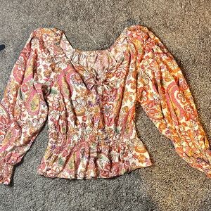 Nicole Miller Pink and Orange Smocked Ruffled Peplum Blouse